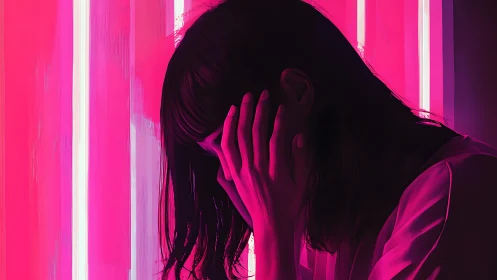 Woman hides face under neon pink light, tense silhouette.