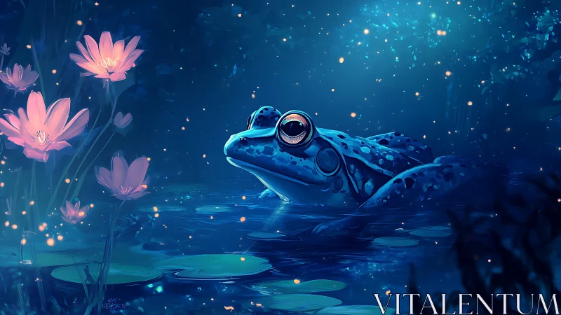 Blue frog in moonlit pond with glowing pink flowers.