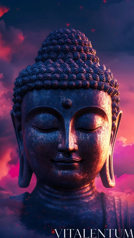Bronze Buddha bust under magenta twilight cloudscape glow