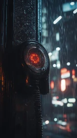 Cybernetic red sensor glows in rainy neon city street.