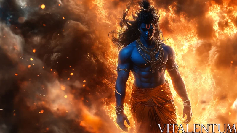 Blue-skinned deity figure walks through fire and smoke.