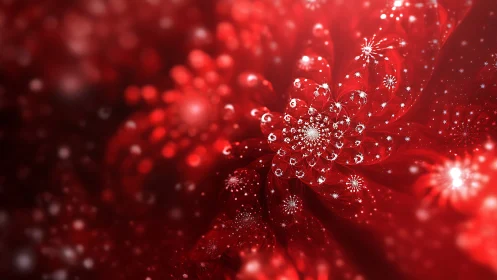 Crystalline red fractal bloom with radial particle dispersion.