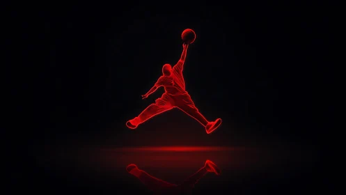 Glowing red basketball dunk silhouette leaps in bold motion