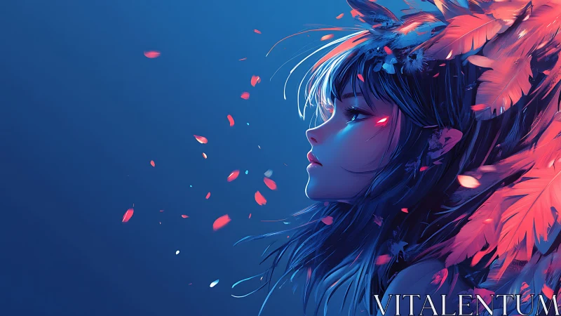 Midnight feather muse drifting through neon petals.