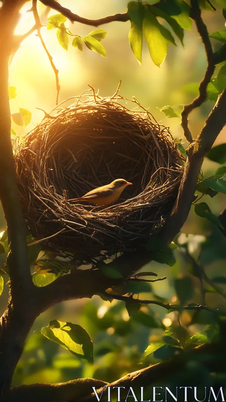 Sunlit avian nest microhabitat in shallow-depth forest bokeh.