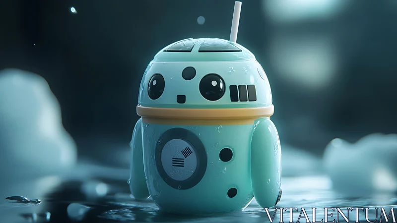 Cute teal robot cup glows softly in a dreamy wet scene