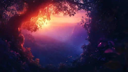 Enchanted valley sunset framed by glowing forest arch.
