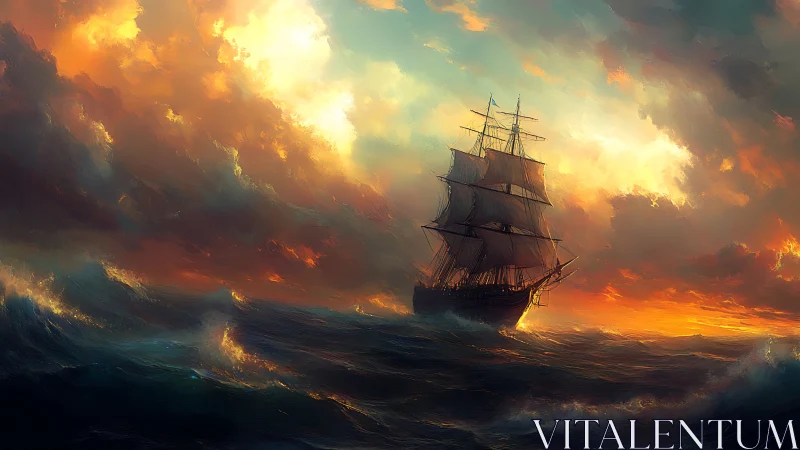 Stormlit horizon carries a lone tall ship through painted fire.