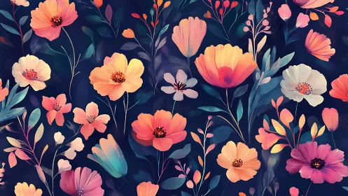 Vibrant floral pattern glows over deep midnight background