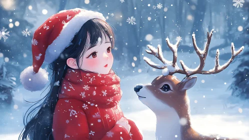 Girl in red coat meets reindeer during gentle winter snowfall