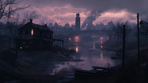 Twilight whispers over a smokey riverfront ghost town.