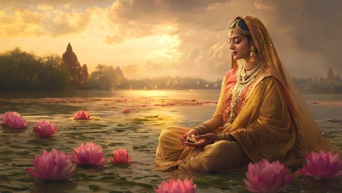 Woman sits on lotus-covered water surface at sunset