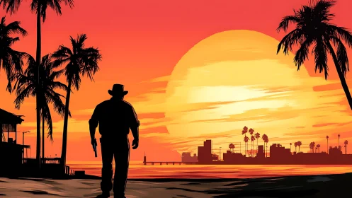 Gun-toting lone figure crosses neon-tinted tropical sunset shoreline.