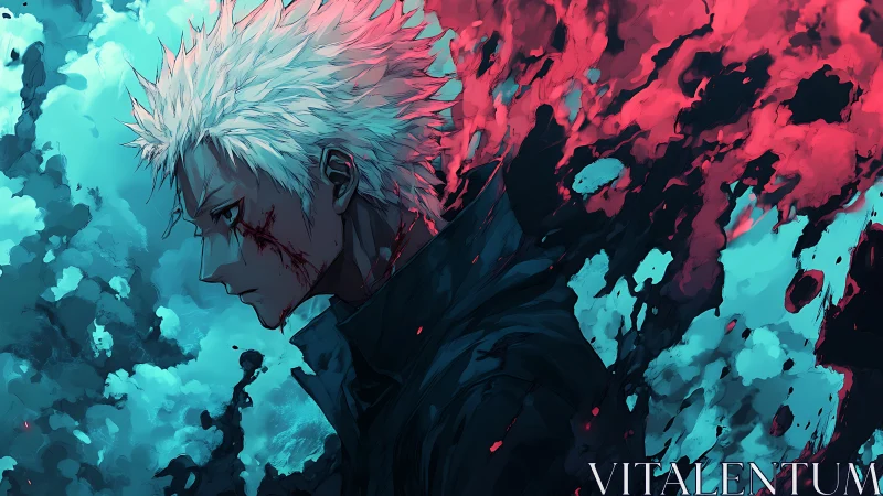 Profile view shows white‑haired figure amid red and teal vapor