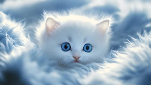 A Fluffy White Kitten with Mesmerizing Blue Eyes.