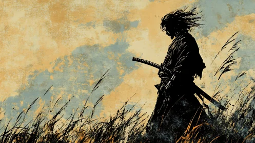 Wind-scoured samurai silhouette in textured ink landscape field.