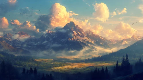 Mountain range over foggy valley under scattered clouds.