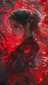 Scarlet petals guard the quiet resolve of a painted gaze