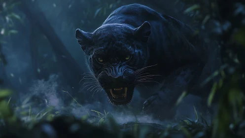 Black Panther Threat Display in Nocturnal Forest.