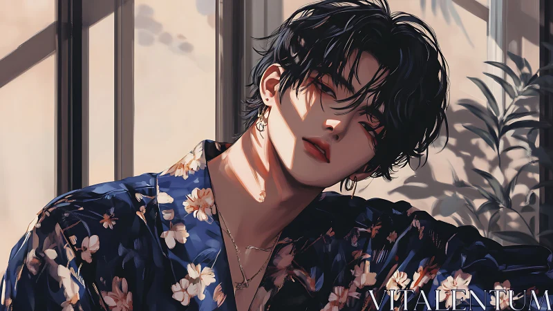 Digital portrait depicts figure in patterned shirt under window light