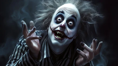 Horror clown portrait with wild hair and striped suit.