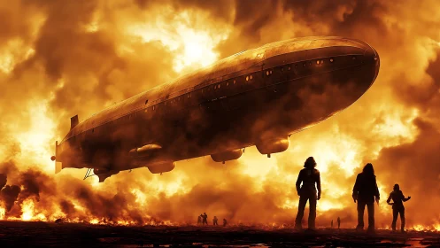 Gigantic retro airship hovers over silhouetted survivors in firestorm