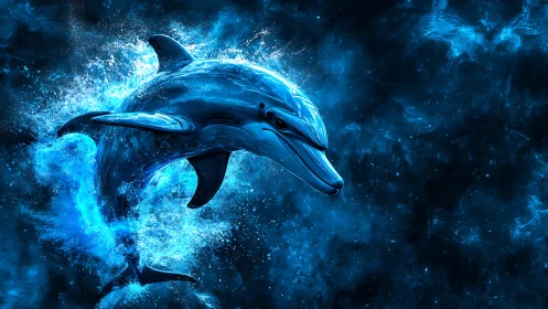 Digital dolphin emerging through abstract blue water field.