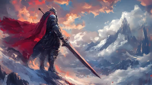 Armored warrior with greatsword overlooking storm peaks.