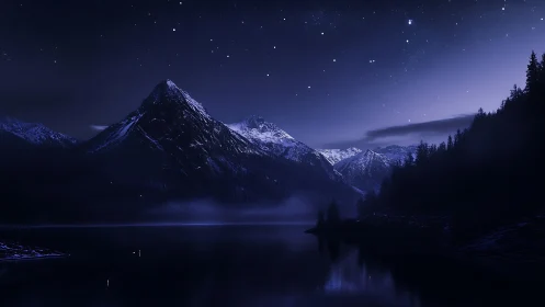 Nocturnal alpine lake under star-dense sky in cool blue tones