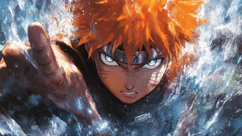 Determined orange haired ninja lunging through splashing water.