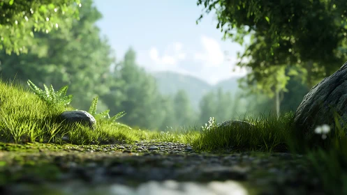 Sunlit Forest Stream Path with Canopy Framing.