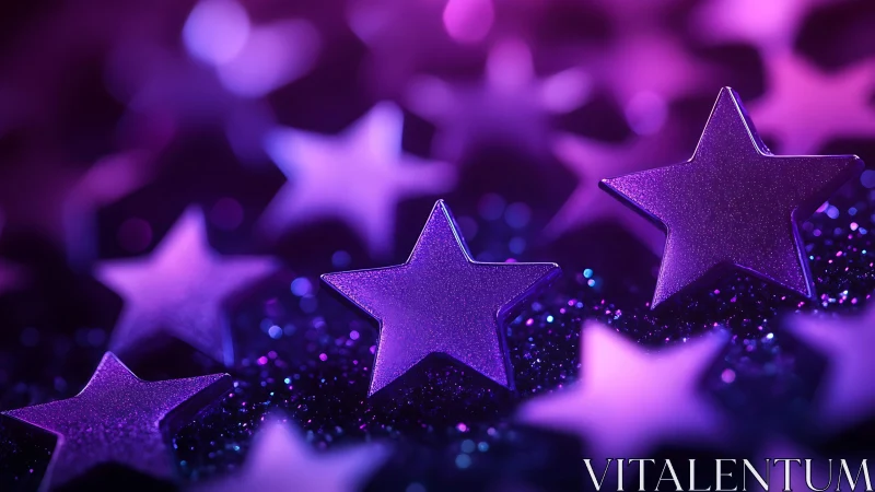 Macro depth-of-field study of purple star confetti on glitter