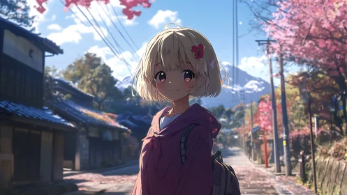 Smiling schoolgirl enjoying a gentle cherry blossom morning.