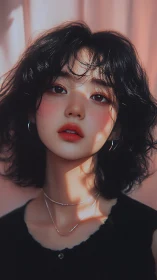 Digital portrait shows young woman with short dark wavy hair