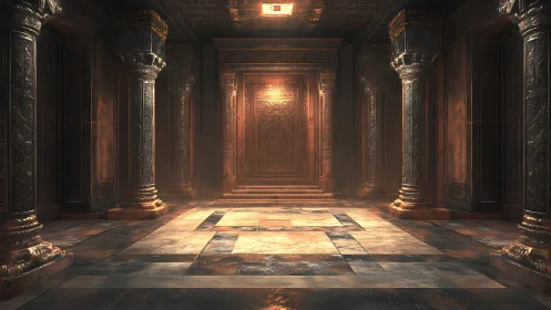 Rendered corridor shows symmetrical columns and central doorway