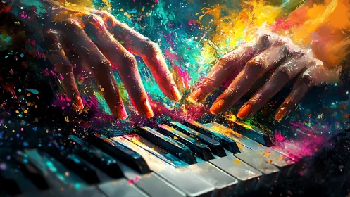 Dynamic hands over piano keys generate chromatic paint bursts