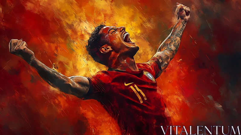 Dynamic digital painting of triumphant soccer celebration.