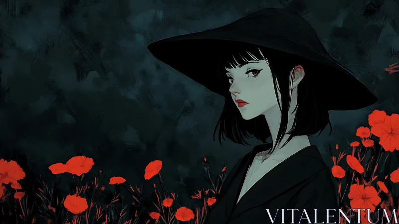 Dark-haired woman in black hat amid vivid red poppies.