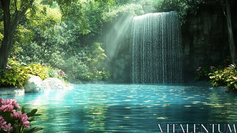 Sunlit turquoise forest pool with cascading waterfall veil