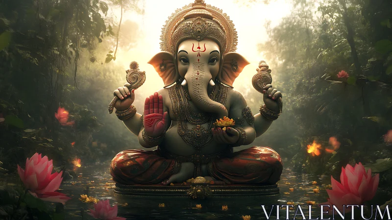 Ganesha statue sits in glowing lotus pond within dense jungle
