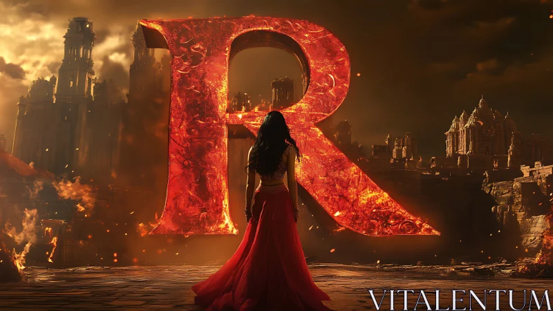 Fiery monogram R towers over cloaked figure in ruins.