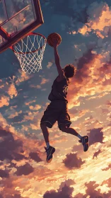 Young basketball player soars for a dunk against fiery sunset sky