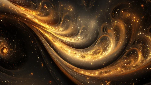 Galactic golden nebula swirls in luminous abstract space art.