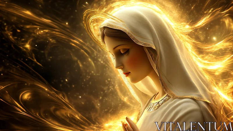 Golden light surrounds a serene veiled woman in quiet prayer
