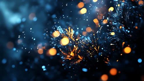 Glowing bokeh lights illuminate dark pine branches in snow