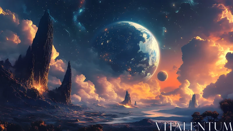 Alien horizon glows beneath colossal twin planets at dusk.