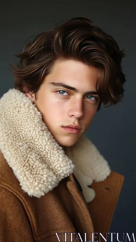 Young male portrait in shearling coat with shallow depth of field