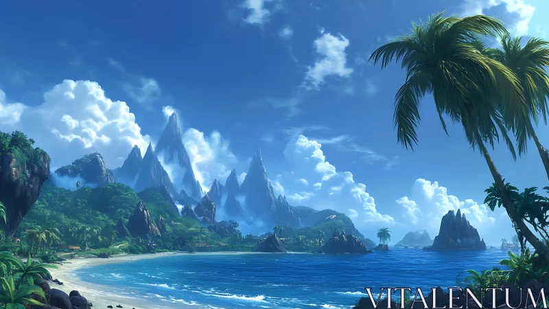 Tropical Island Landscape With Dramatic Peaks and Beach