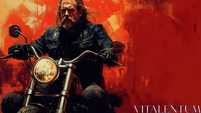 Road-worn rider cutting through a blaze of sunset red.