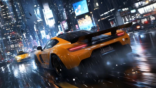 Orange supercar racing through neon soaked city streets.